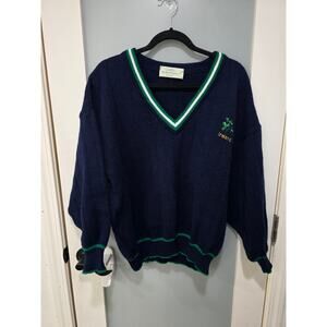 Quills Woollen Market Ireland V-Neck Sweater Navy Green Trim Shamrock Unisex
